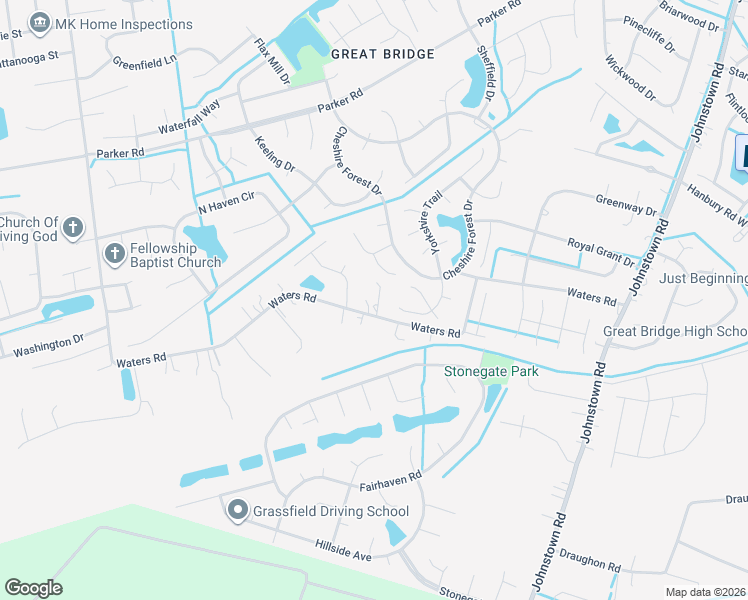 map of restaurants, bars, coffee shops, grocery stores, and more near 1149 Waters Road in Chesapeake