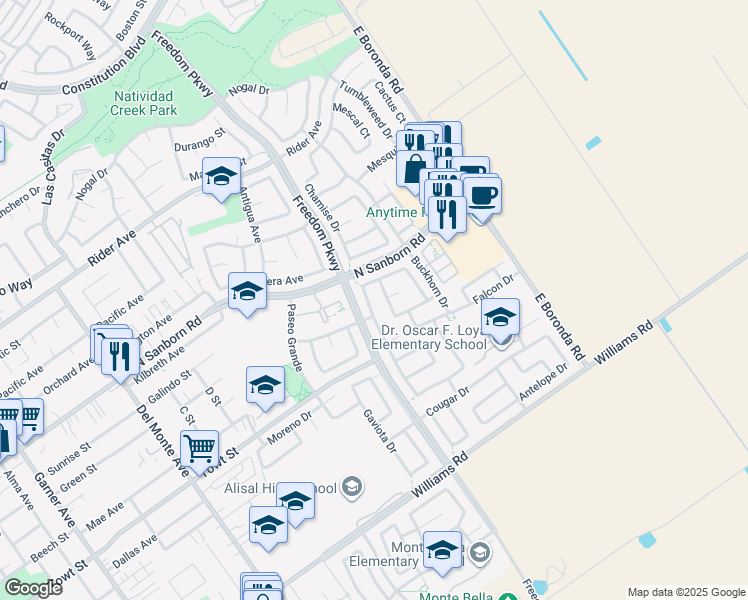 map of restaurants, bars, coffee shops, grocery stores, and more near 1052 Eagle Drive in Salinas