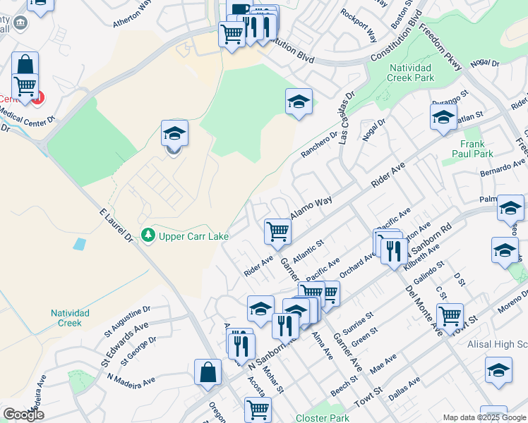 map of restaurants, bars, coffee shops, grocery stores, and more near 717 Garner Avenue in Salinas