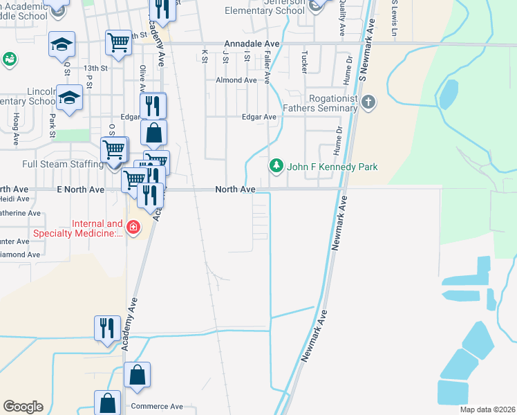 map of restaurants, bars, coffee shops, grocery stores, and more near 1848 Industrial Way in Sanger