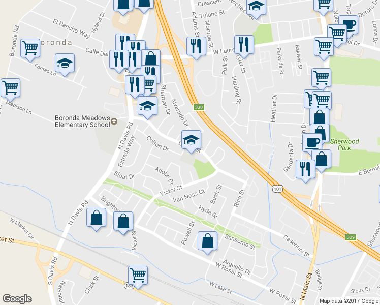 map of restaurants, bars, coffee shops, grocery stores, and more near 645 Larkin Street in Salinas