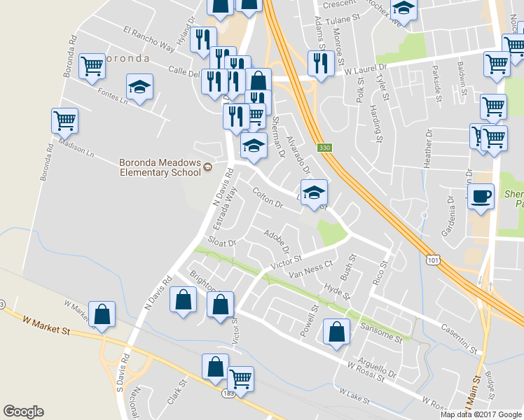 map of restaurants, bars, coffee shops, grocery stores, and more near 962 Sloat Drive in Salinas