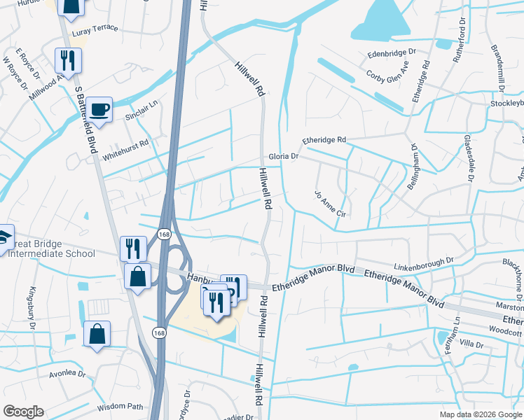 map of restaurants, bars, coffee shops, grocery stores, and more near 900 Hillwell Road in Chesapeake