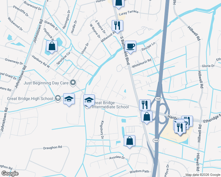 map of restaurants, bars, coffee shops, grocery stores, and more near 925 Jodi Lynn Trail in Chesapeake
