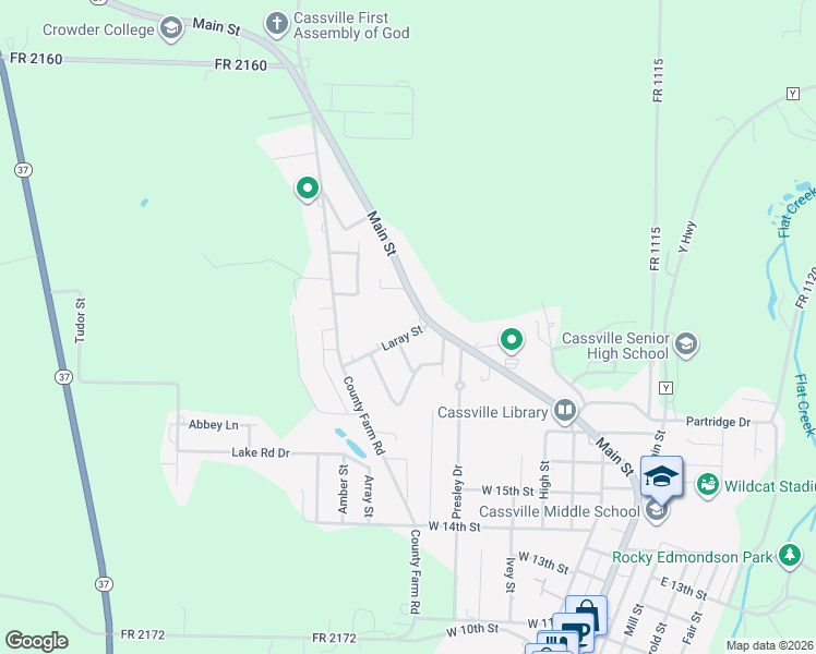 map of restaurants, bars, coffee shops, grocery stores, and more near 103 Laray Street in Cassville