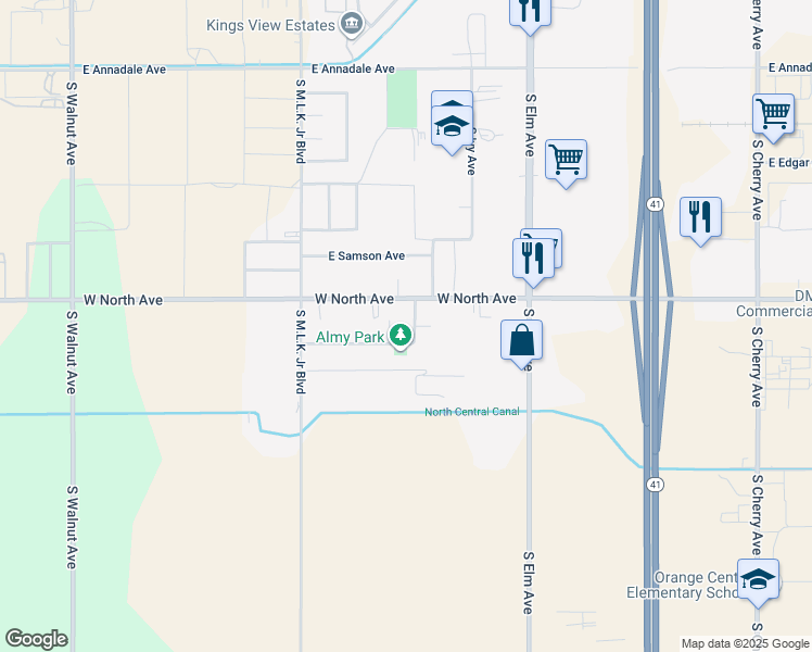 map of restaurants, bars, coffee shops, grocery stores, and more near 3045 South Clara Avenue in Fresno