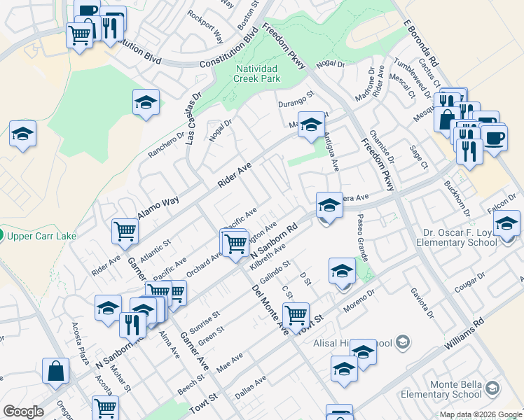 map of restaurants, bars, coffee shops, grocery stores, and more near 1258 Pacific Avenue in Salinas