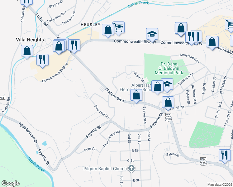 map of restaurants, bars, coffee shops, grocery stores, and more near 800 Katheren Street in Martinsville