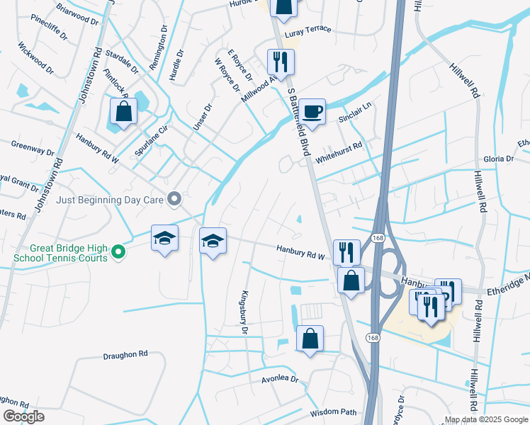 map of restaurants, bars, coffee shops, grocery stores, and more near 925 Jodi Lynn Trail in Chesapeake