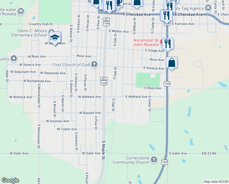 map of restaurants, bars, coffee shops, grocery stores, and more near 537 South Oak Street in Nowata