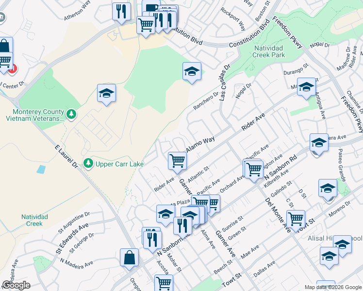 map of restaurants, bars, coffee shops, grocery stores, and more near 1125 Alamo Way in Salinas