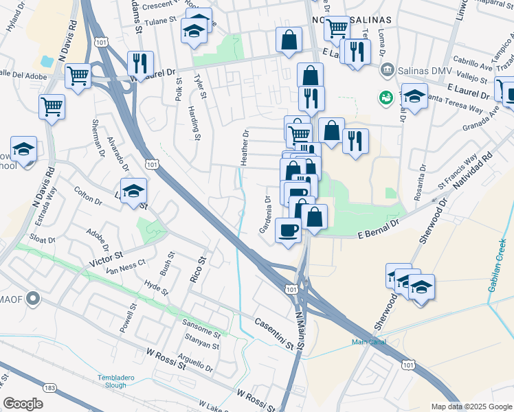 map of restaurants, bars, coffee shops, grocery stores, and more near 939 Heather Circle in Salinas
