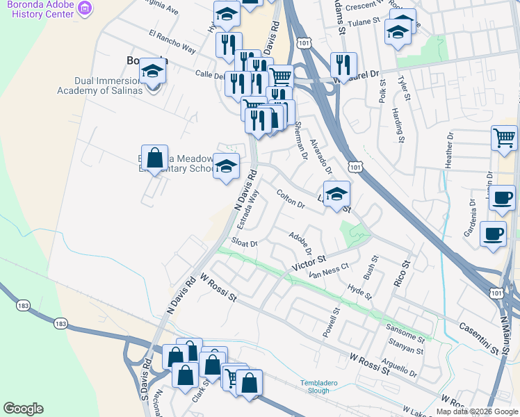 map of restaurants, bars, coffee shops, grocery stores, and more near 949 Estrada Court in Salinas