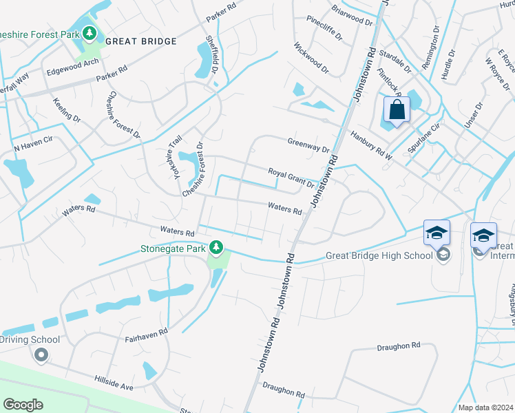 map of restaurants, bars, coffee shops, grocery stores, and more near 1320 Waters Road in Chesapeake