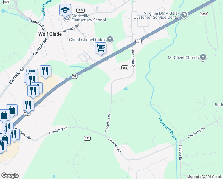map of restaurants, bars, coffee shops, grocery stores, and more near Timberline Road in Carroll County
