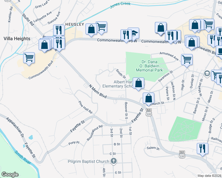 map of restaurants, bars, coffee shops, grocery stores, and more near 820 Olympia Street in Martinsville