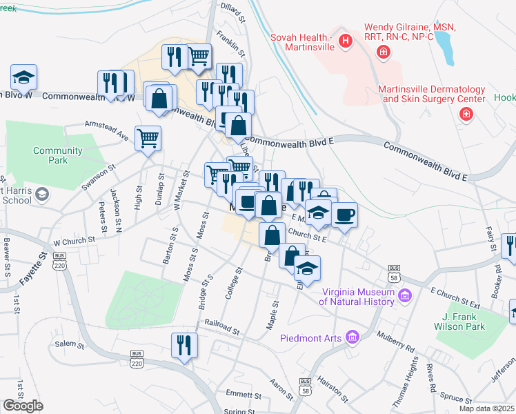 map of restaurants, bars, coffee shops, grocery stores, and more near in Martinsville