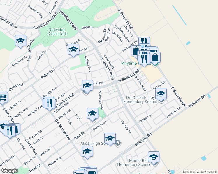 map of restaurants, bars, coffee shops, grocery stores, and more near 1053 North Sanborn Road in Salinas
