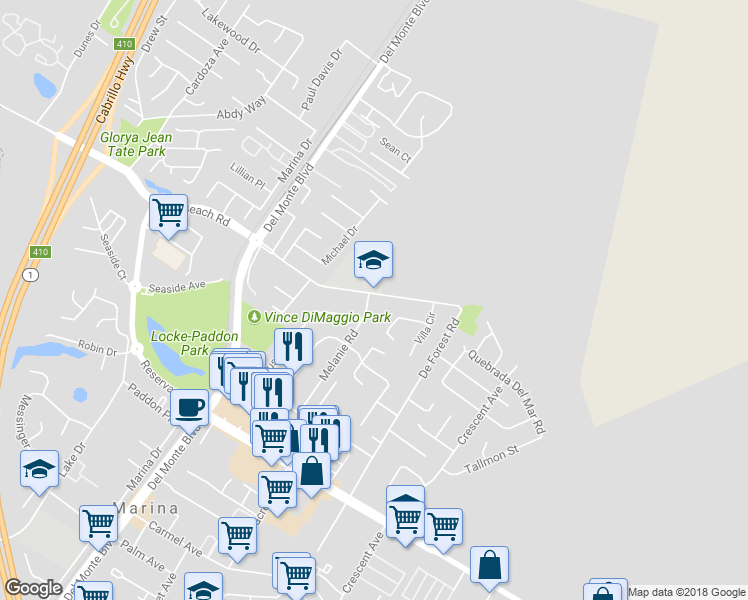 map of restaurants, bars, coffee shops, grocery stores, and more near 3238 Melanie Road in Marina