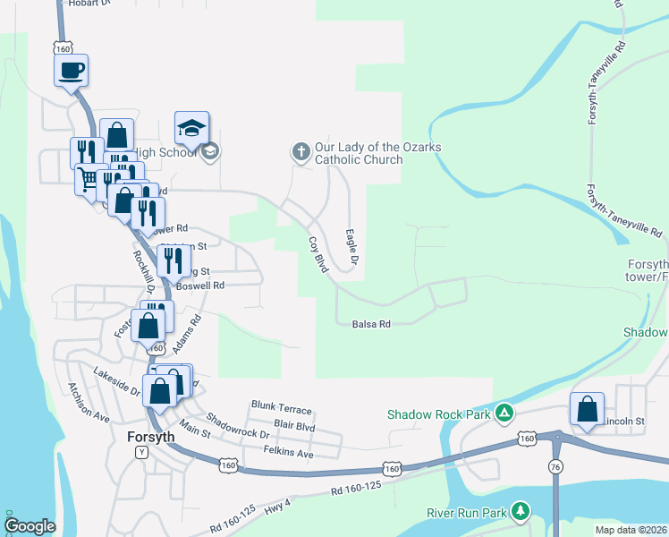map of restaurants, bars, coffee shops, grocery stores, and more near 240 Eagle Drive in Forsyth