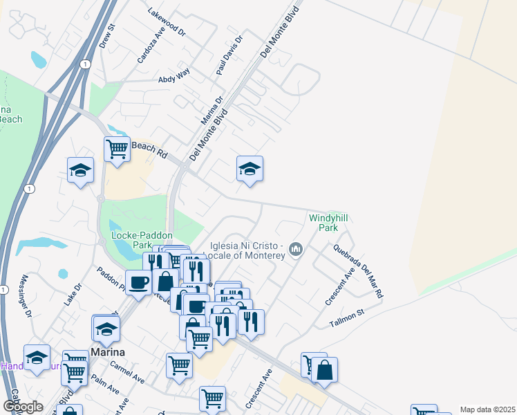 map of restaurants, bars, coffee shops, grocery stores, and more near 3238 Melanie Road in Marina