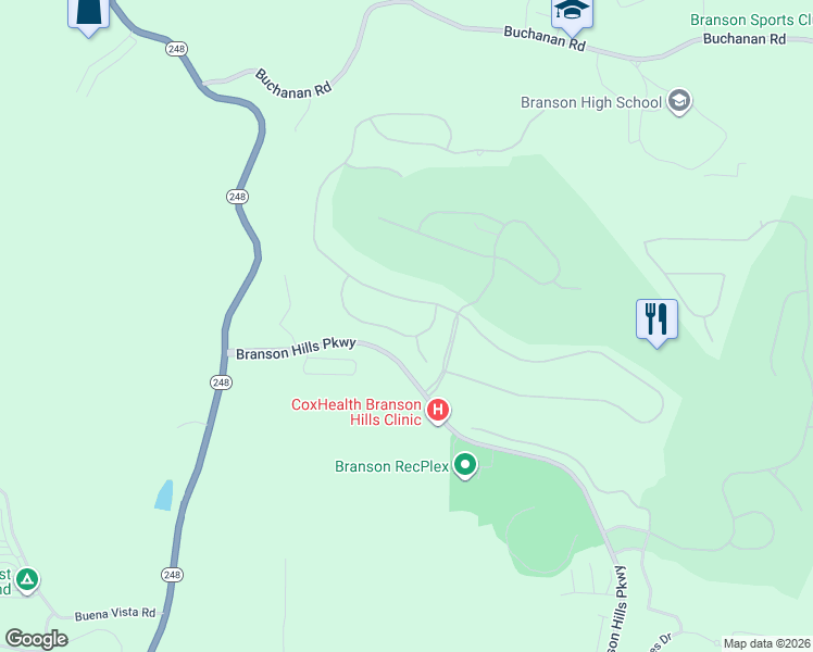 map of restaurants, bars, coffee shops, grocery stores, and more near 120 Spy Glass Drive in Branson