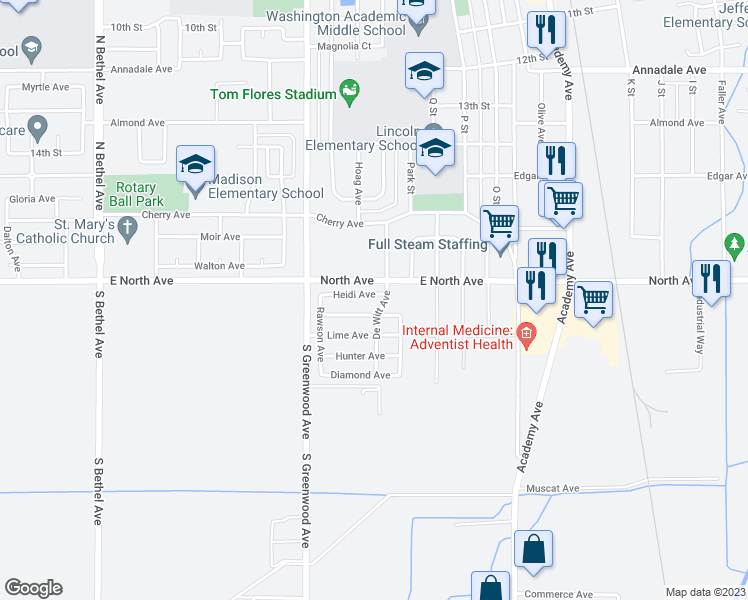 map of restaurants, bars, coffee shops, grocery stores, and more near 1813 Heidi Avenue in Sanger