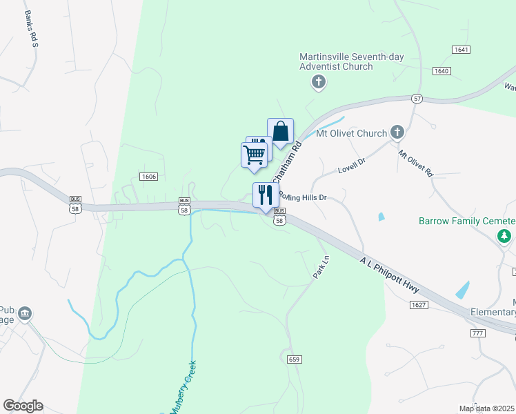 map of restaurants, bars, coffee shops, grocery stores, and more near 8500 A L Philpott Highway in Martinsville