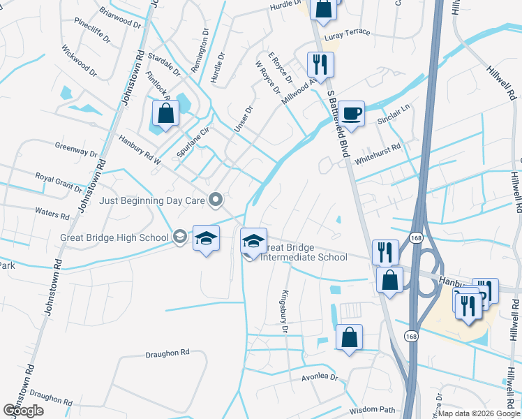 map of restaurants, bars, coffee shops, grocery stores, and more near 924 Churchill Drive in Chesapeake