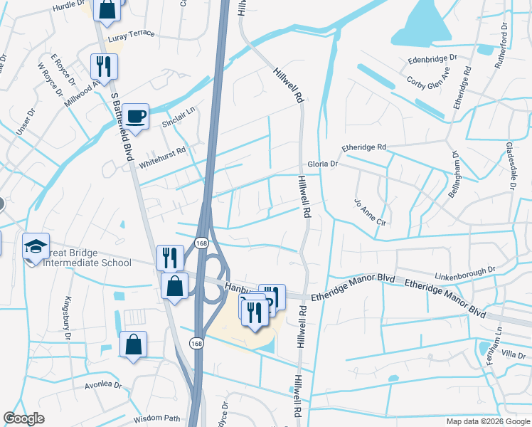 map of restaurants, bars, coffee shops, grocery stores, and more near 313 Sweetbay Drive in Chesapeake