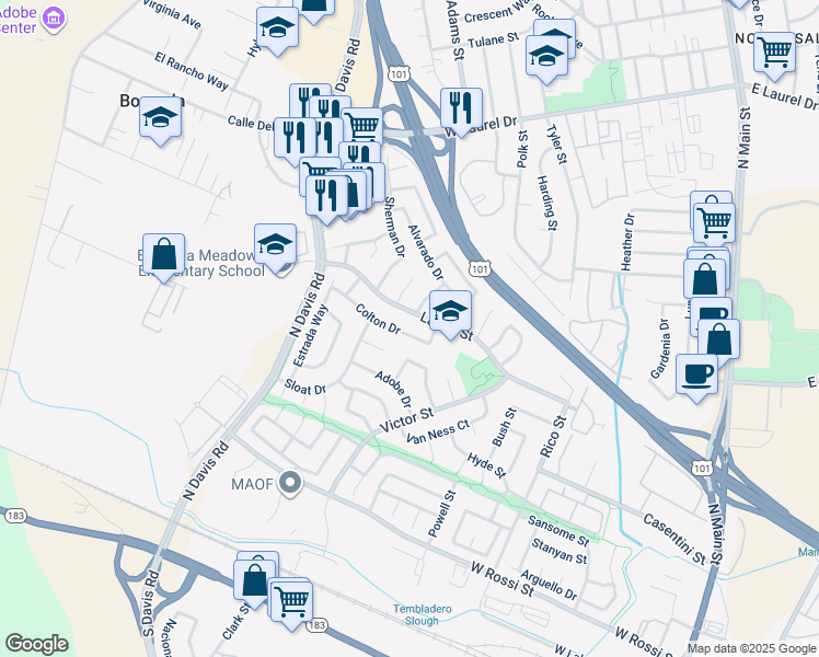 map of restaurants, bars, coffee shops, grocery stores, and more near 716 Colton Dr in Salinas