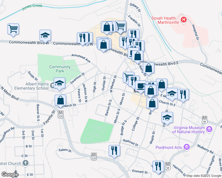 map of restaurants, bars, coffee shops, grocery stores, and more near 201 West Church Street in Martinsville