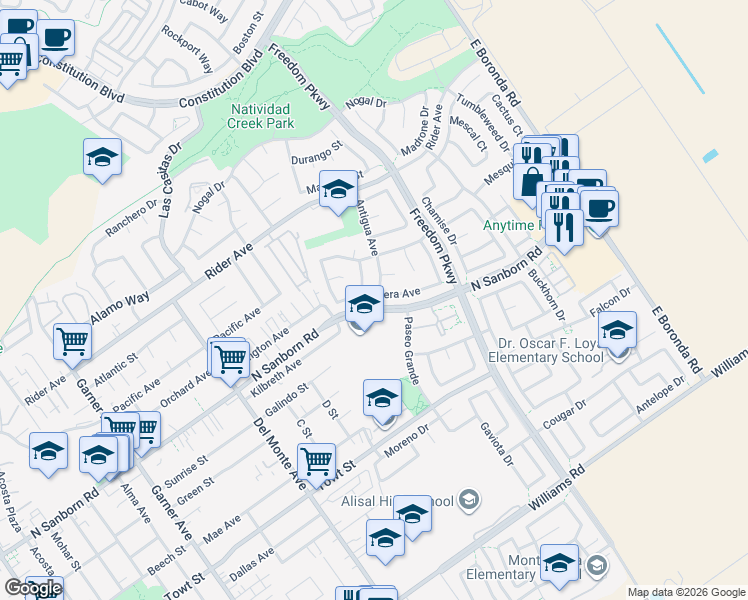 map of restaurants, bars, coffee shops, grocery stores, and more near 1330 Palmera Avenue in Salinas