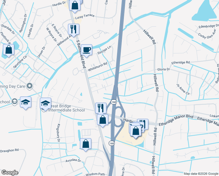 map of restaurants, bars, coffee shops, grocery stores, and more near 160 Hodges Road in Chesapeake