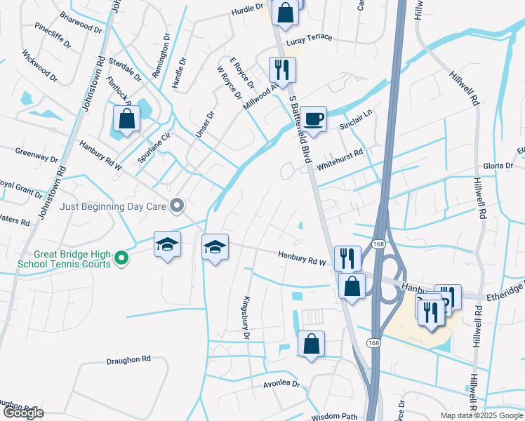 map of restaurants, bars, coffee shops, grocery stores, and more near 925 Hanbury Court in Chesapeake