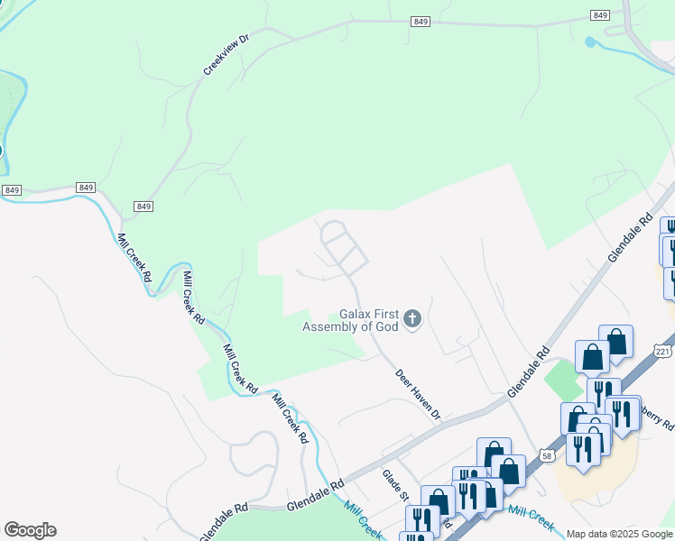 map of restaurants, bars, coffee shops, grocery stores, and more near 102 David Ridge Road in Galax
