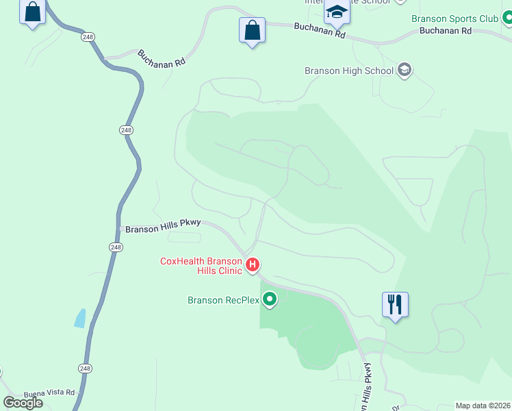 map of restaurants, bars, coffee shops, grocery stores, and more near 120 Spy Glass Dr in Branson