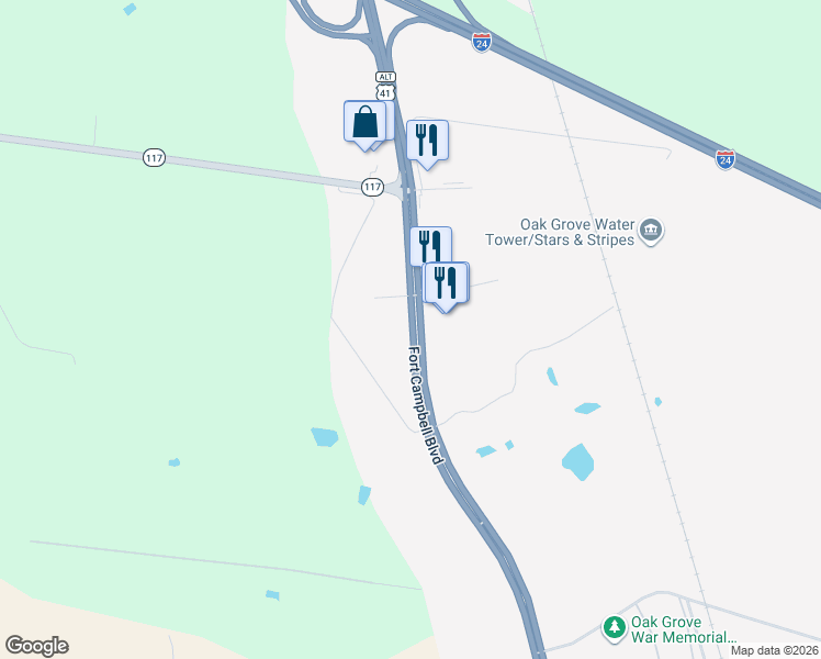 map of restaurants, bars, coffee shops, grocery stores, and more near 12900 Fort Campbell Boulevard in Oak Grove