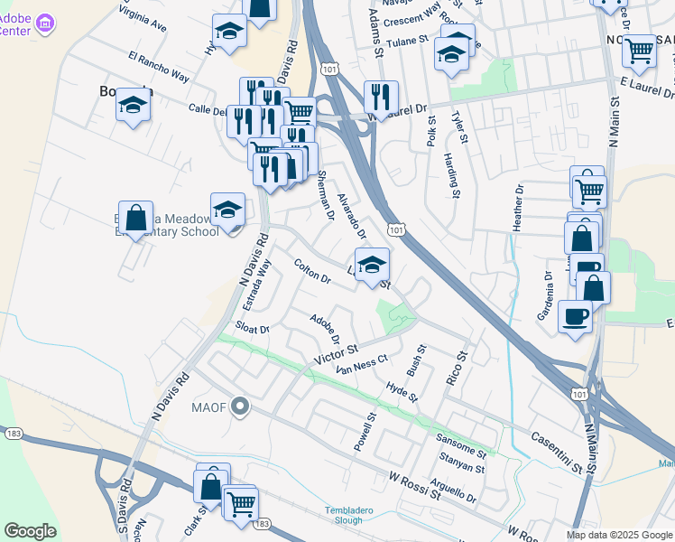 map of restaurants, bars, coffee shops, grocery stores, and more near 716 Colton Drive in Salinas