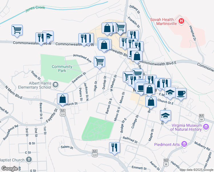 map of restaurants, bars, coffee shops, grocery stores, and more near 201-209 W Church St in Martinsville