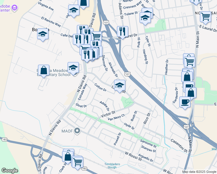 map of restaurants, bars, coffee shops, grocery stores, and more near 716 Colton Drive in Salinas