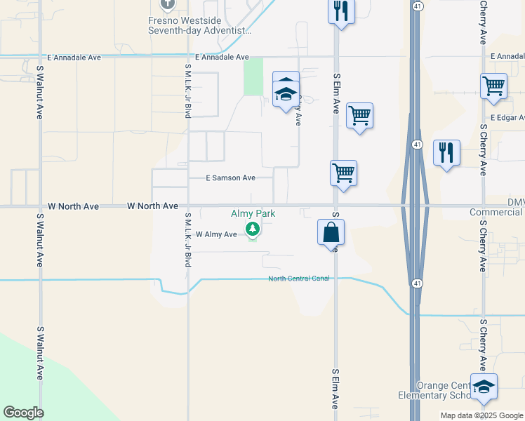 map of restaurants, bars, coffee shops, grocery stores, and more near 3016 South Clara Avenue in Fresno
