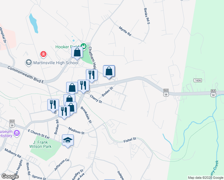 map of restaurants, bars, coffee shops, grocery stores, and more near 1005 Jordan Street in Martinsville