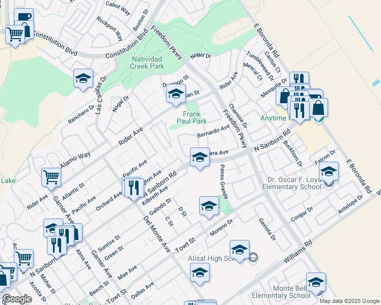 map of restaurants, bars, coffee shops, grocery stores, and more near 1312 Palmera Avenue in Salinas