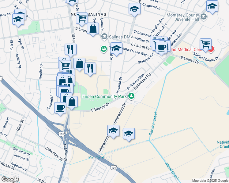 map of restaurants, bars, coffee shops, grocery stores, and more near 35 Rosarita Drive in Salinas