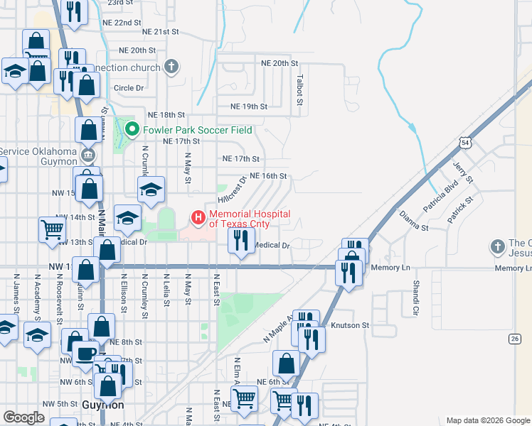 map of restaurants, bars, coffee shops, grocery stores, and more near 1327 Maple Avenue in Guymon
