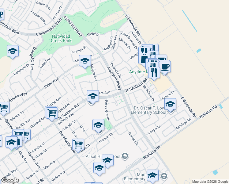 map of restaurants, bars, coffee shops, grocery stores, and more near 1053 North Sanborn Road in Salinas