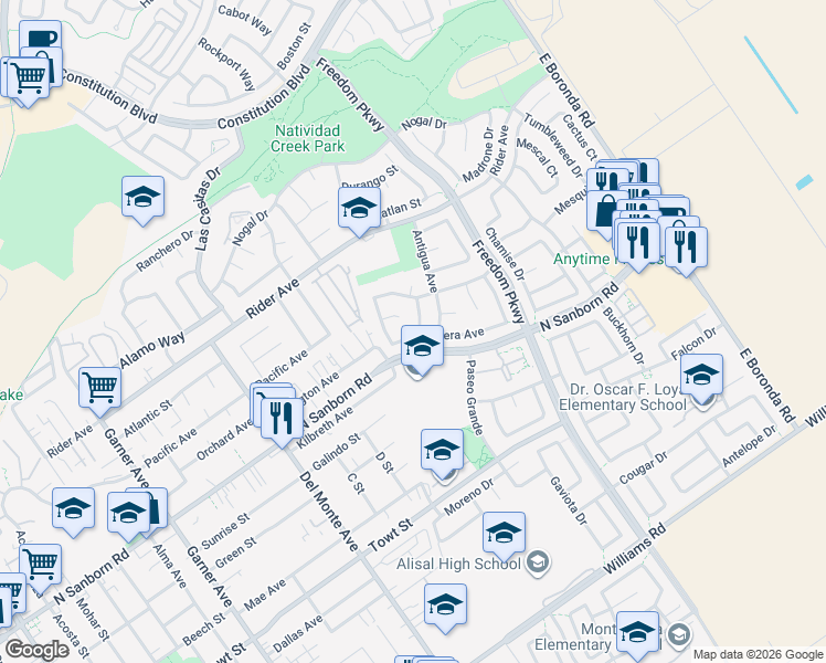 map of restaurants, bars, coffee shops, grocery stores, and more near 1330 Palmera Avenue in Salinas