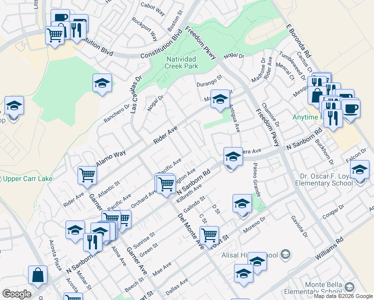 map of restaurants, bars, coffee shops, grocery stores, and more near 1258 Pacific Avenue in Salinas