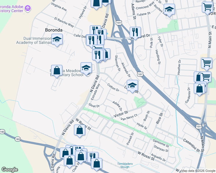 map of restaurants, bars, coffee shops, grocery stores, and more near 962 Sloat Drive in Salinas